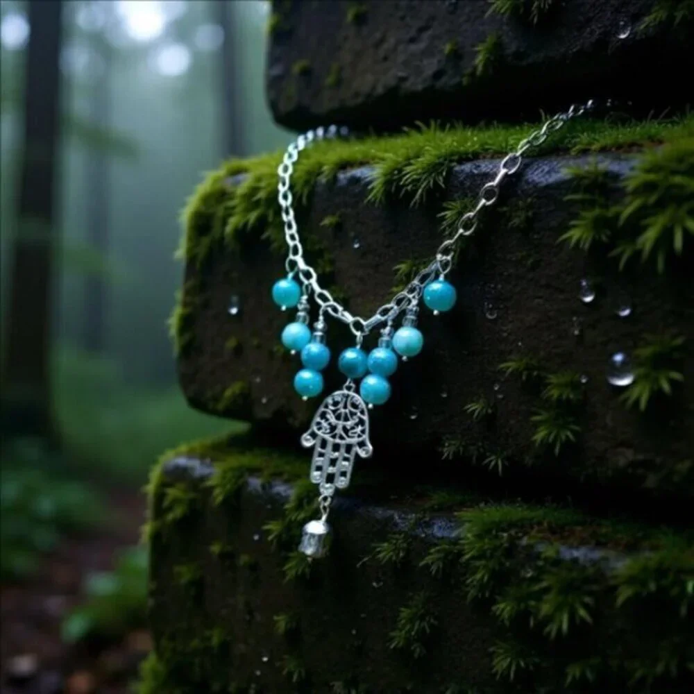 Boho Blue Agate & Patina Painted Hamsa Hand + Buddha - 20